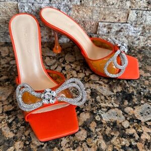 Mach & Mach Hearts Crystal Double Bow Square Toe Slide Sandal in Orange
